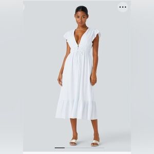 Halara Deep V Neck Butterfly Sleeve Backless Pocket Ruffle Midi | Small | White